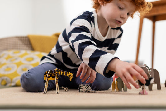 Boy playing with Savannah Animals Playpress Set