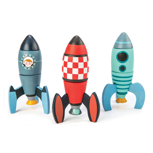 Front view of wooden constructed rocket set