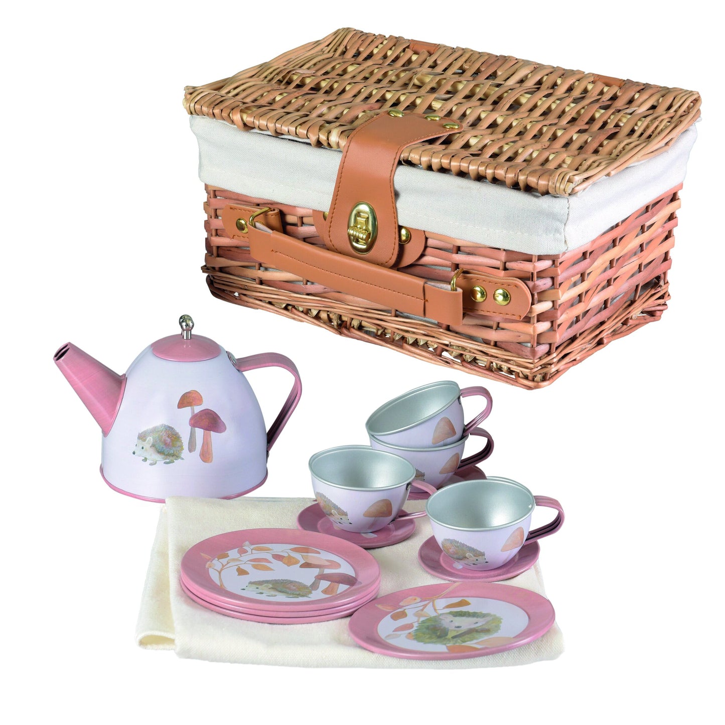 Hedgehog Tin Tea Set displayed next to a wicker basket