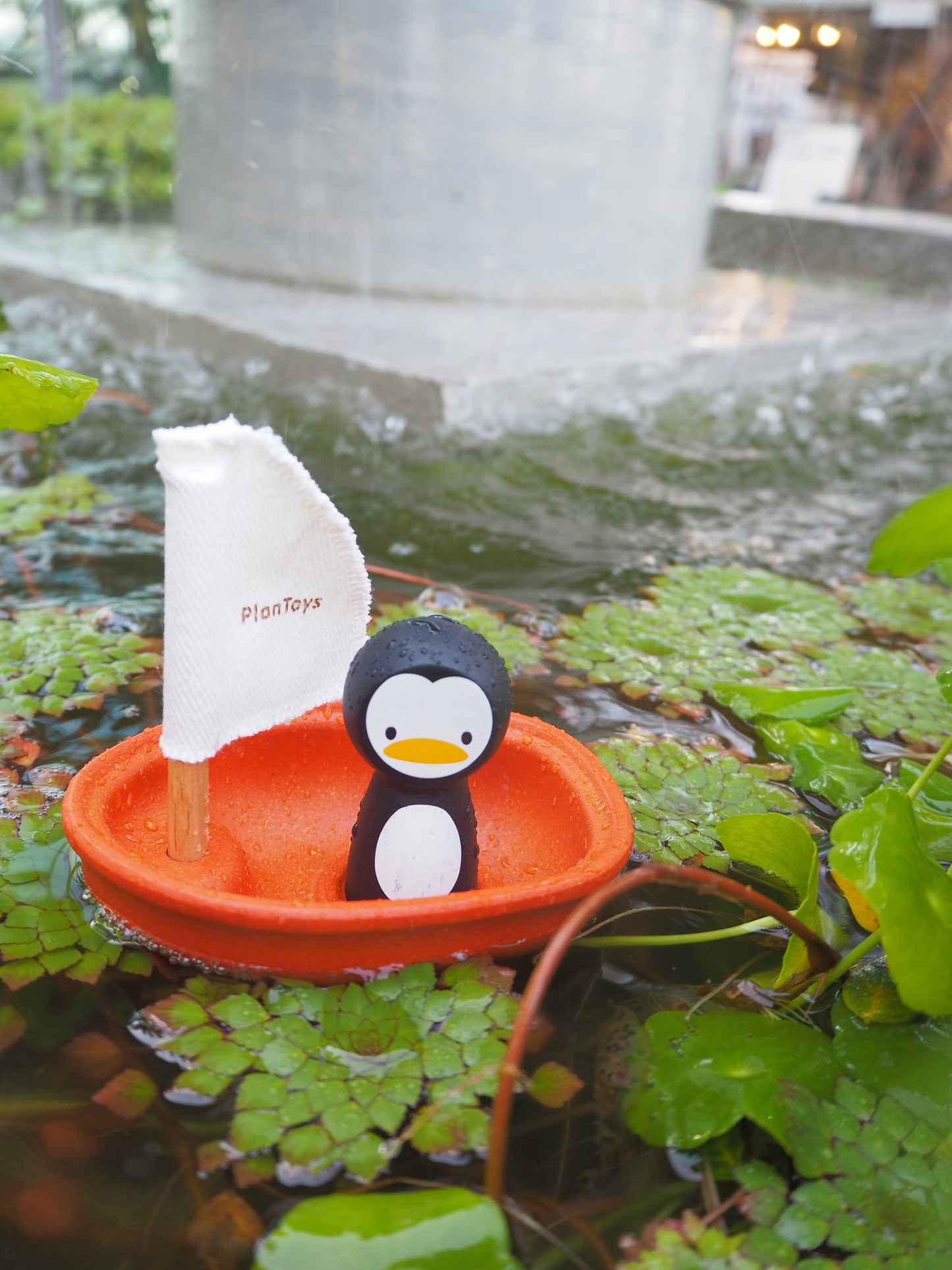Penguin Sailing Boat floating in a water fountain