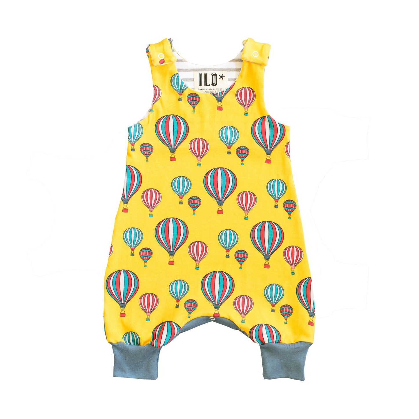 Yellow hot air balloon organic romper front view