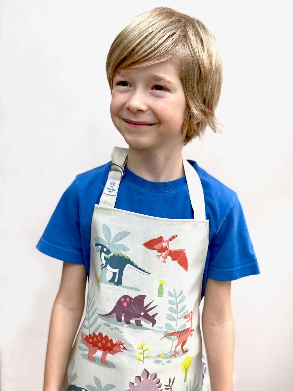 Boy wearing Dinosaur Friends apron