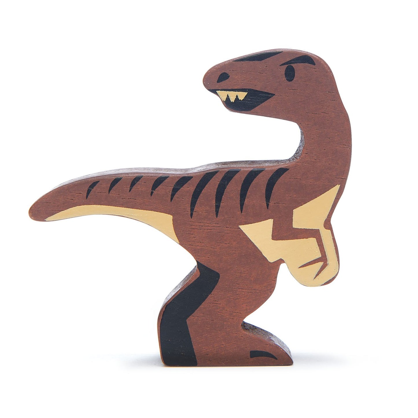 Front view of wooden Velociraptor figurine