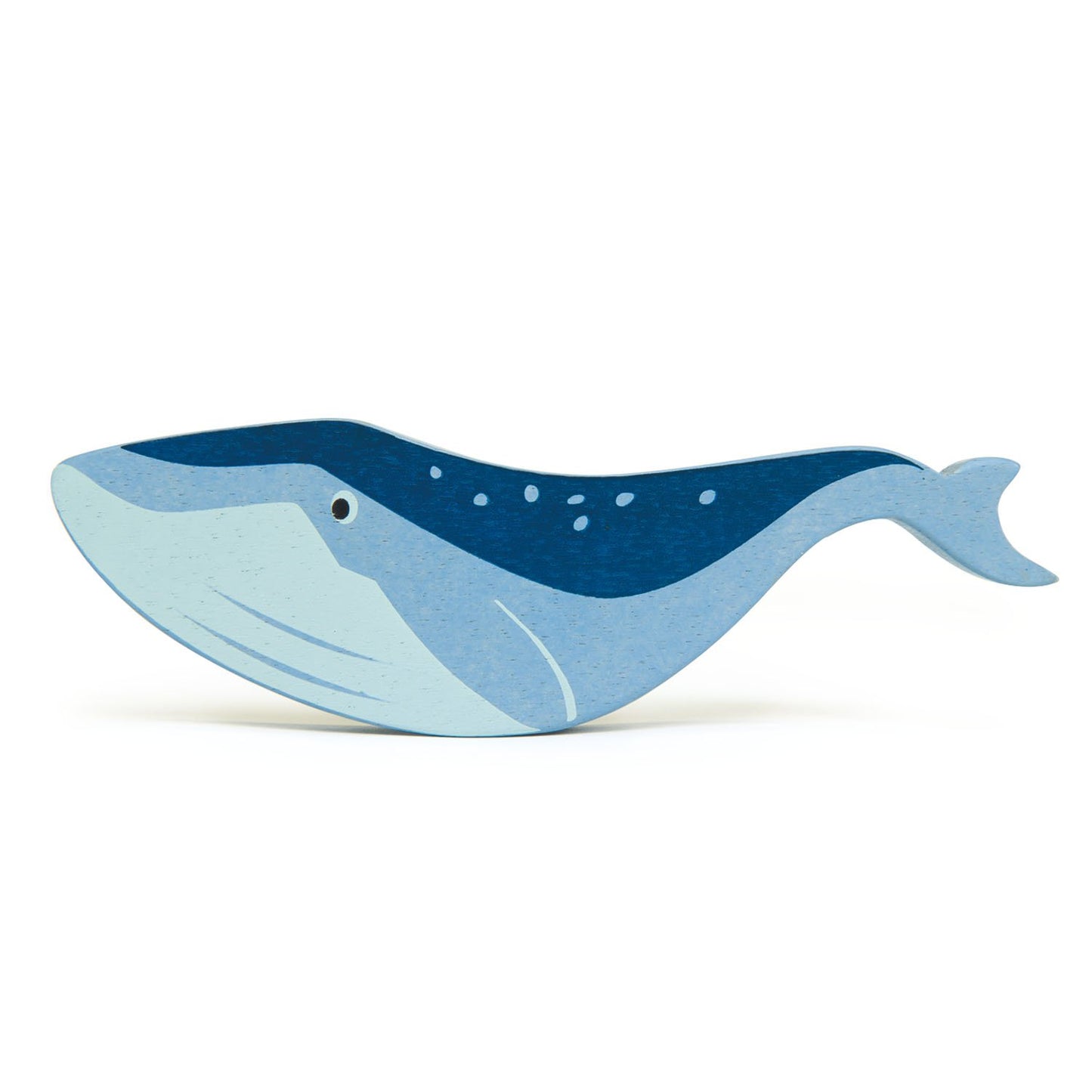 Front view of wooden whale figurine