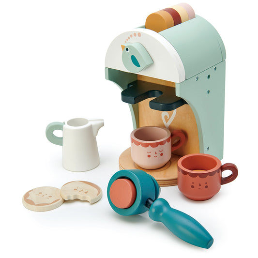 Side view of wooden babyccino maker with all its peices