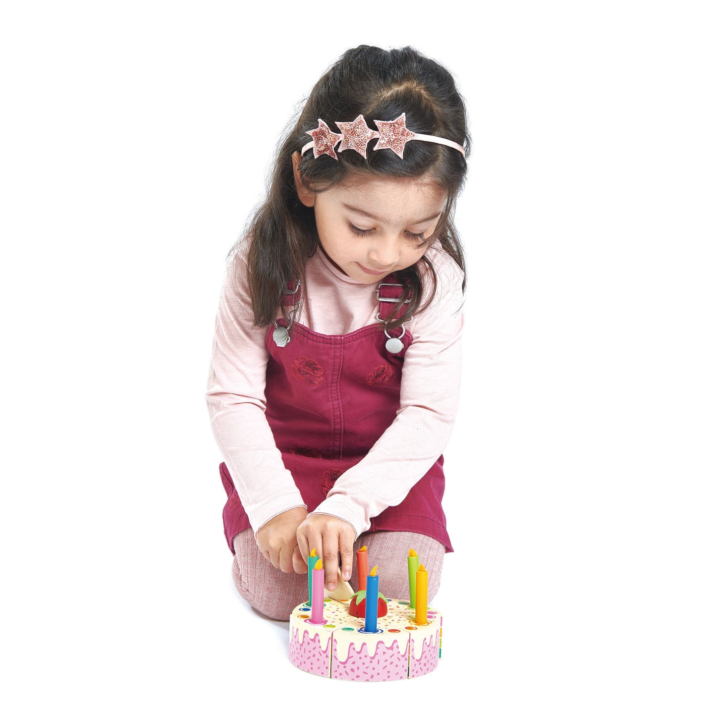 Girl slicing wooden birthday cake set
