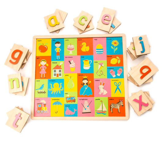 Wooden alphabet puzzle with all the pieces sitting on the side revealing pictures