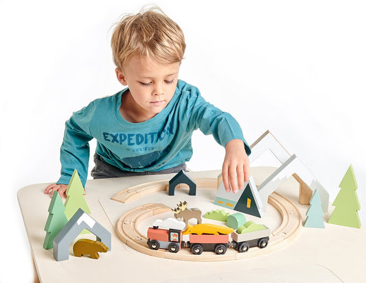 Boy playing with wooden treetops train set