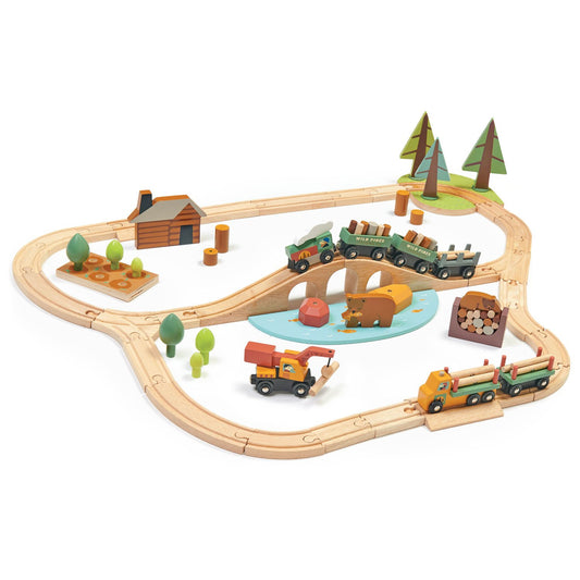 View of complete wooden wild pines train set