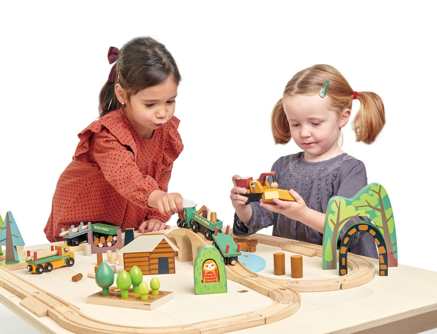 Children playing with wooden wild pines train set